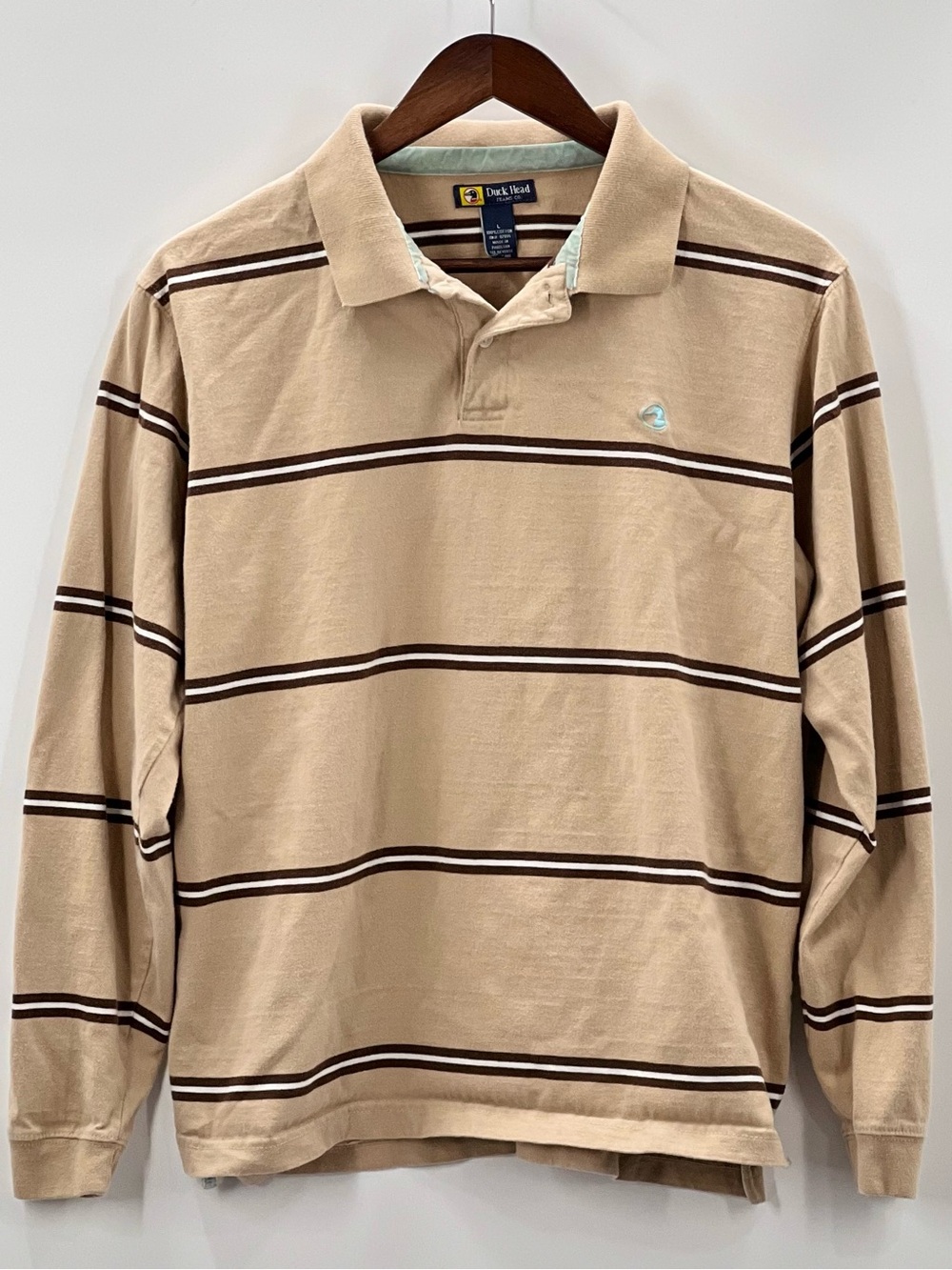 397 Duck Head Large Beige Striped Long-Sleeve Polo
